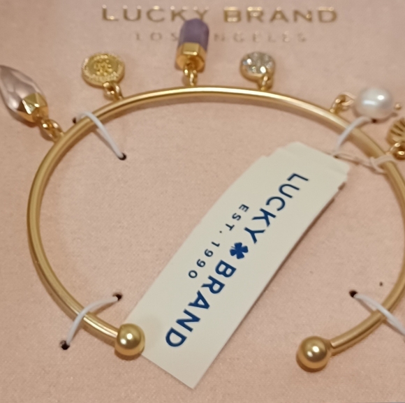 LUCKY BRAND 🍀 GOLD QUARTZ AMETHYST HEALIING GEMSTONES CHARM BANGLE BRACELET - Picture 3 of 9